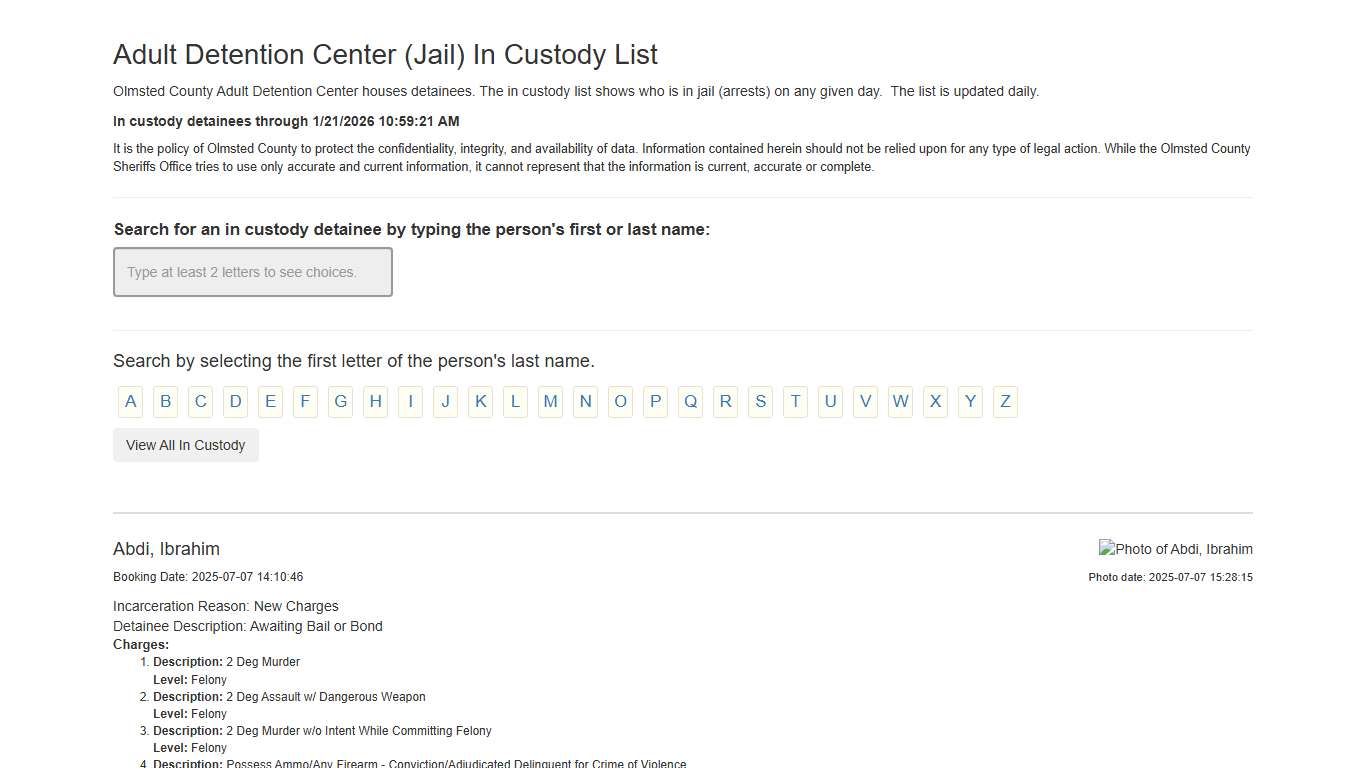 Adult Detention Center (Jail) In Custody List