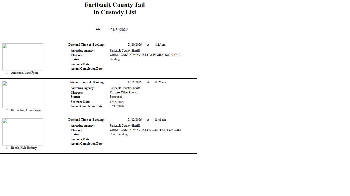 Custody List - Faribault County Jail